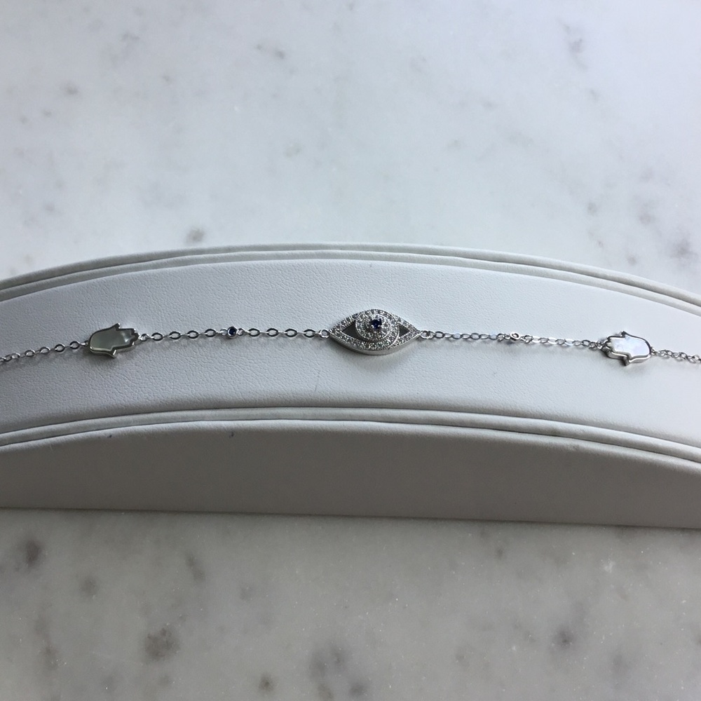 Sterling Silver CZ Evil Eye & MOP Hamsa Bracelet - Picture 8 of 13